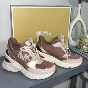Michael Kors Georgie Trainer Wedge Sneakers MK Logo Pale Pink and Rose Gold.